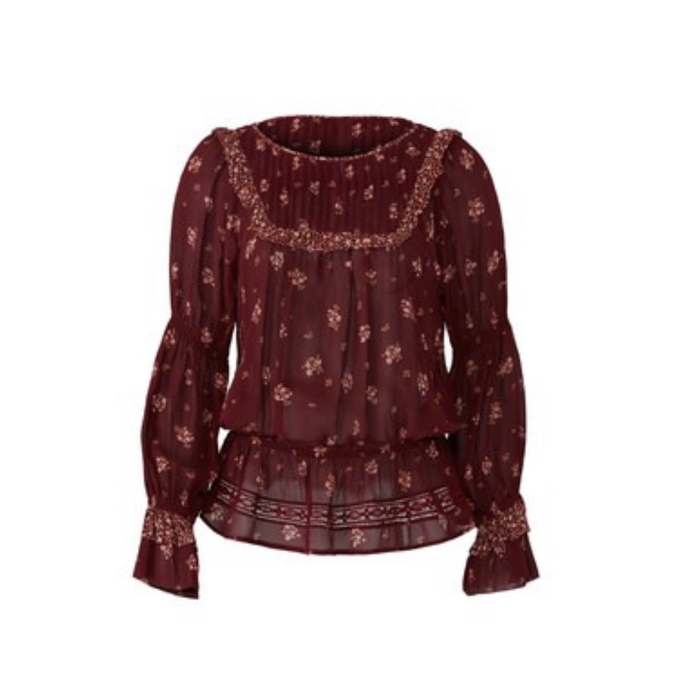 Joie Adrielle Silk Blouse Burgundy Floral Print